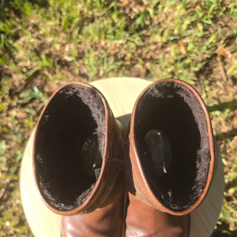 UGG Australia Brown Leather Suede Shearling Lined Mid Calf Lug Sole Boots